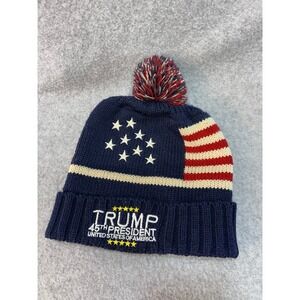 Trump 45th President Unisex Navy Trump Beanie American Flag Knit Pom Hat OSFM